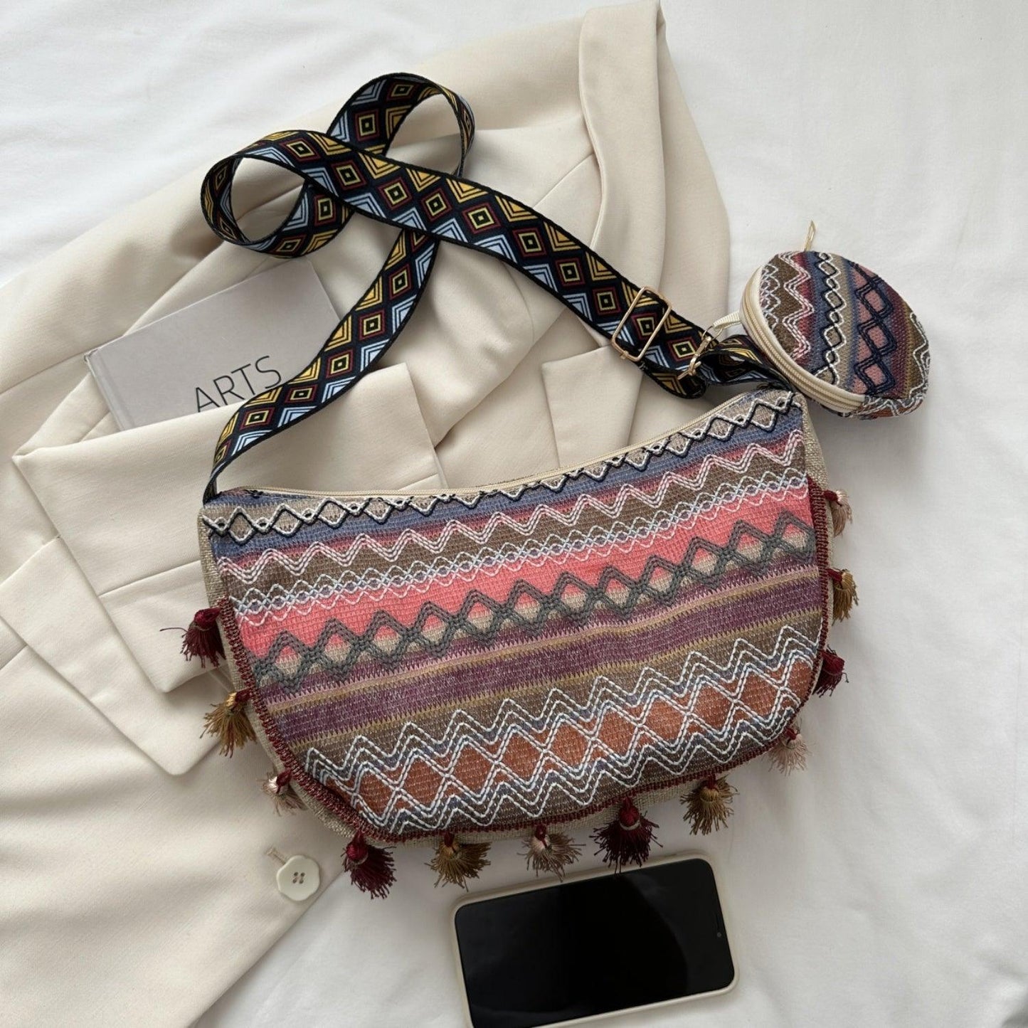 Printed Tassel Detail Crossbody Bag with Small Purse Carauana Store