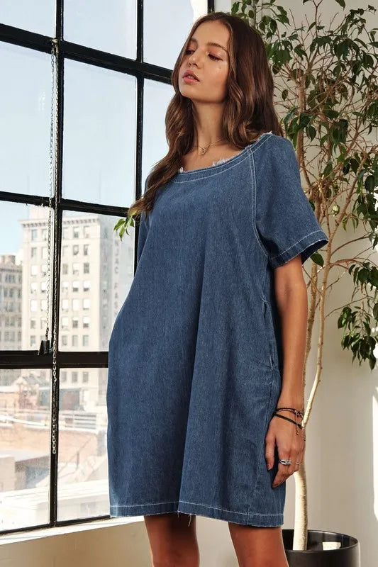 ADORA Raw Hem Mini Denim Dress with Pockets Carauana Store