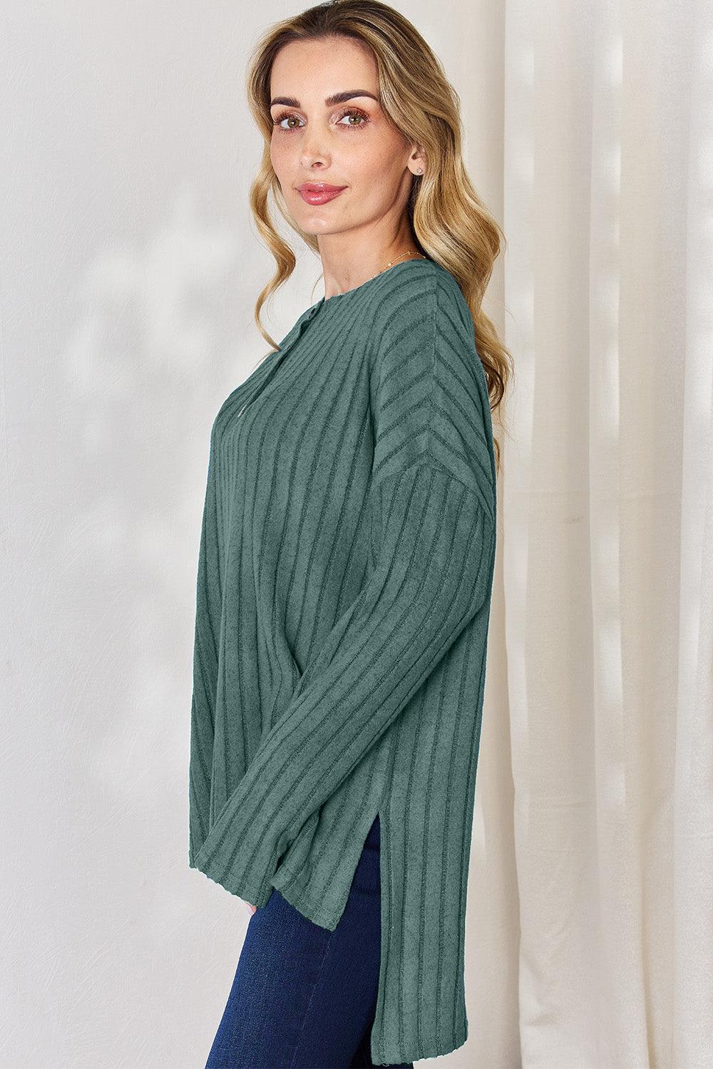 Basic Bae Full Size Ribbed Half Button Long Sleeve High-Low T-Shirt Carauana Store