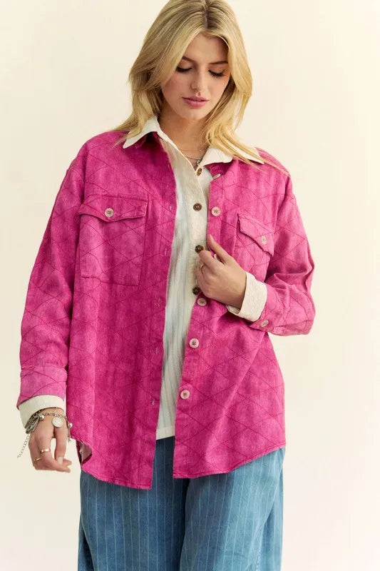 Davi & Dani Curved Hem Diamond Quilted Button Up Denim Shacket Carauana Store