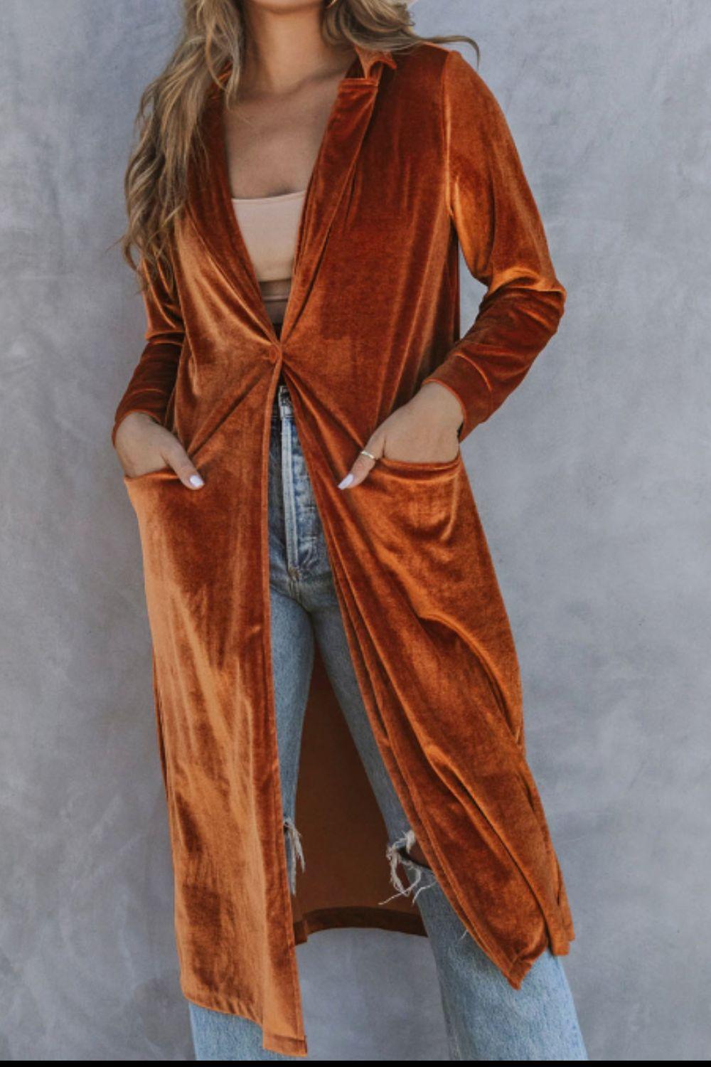 Collared Neck Longline Velvet Cardigan with Pockets Carauana Store