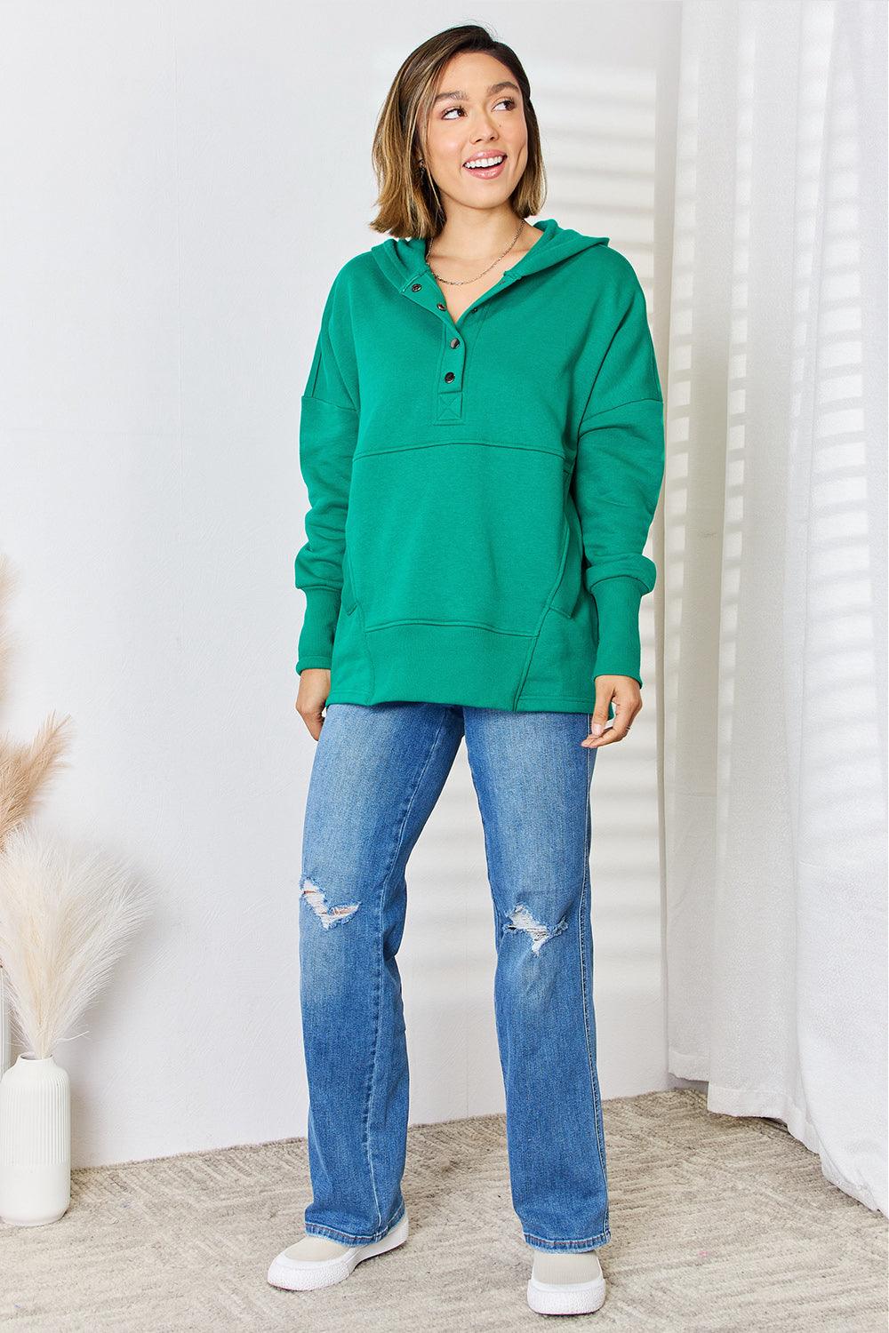 Zenana Half Snap Long Sleeve Hoodie Carauana Store