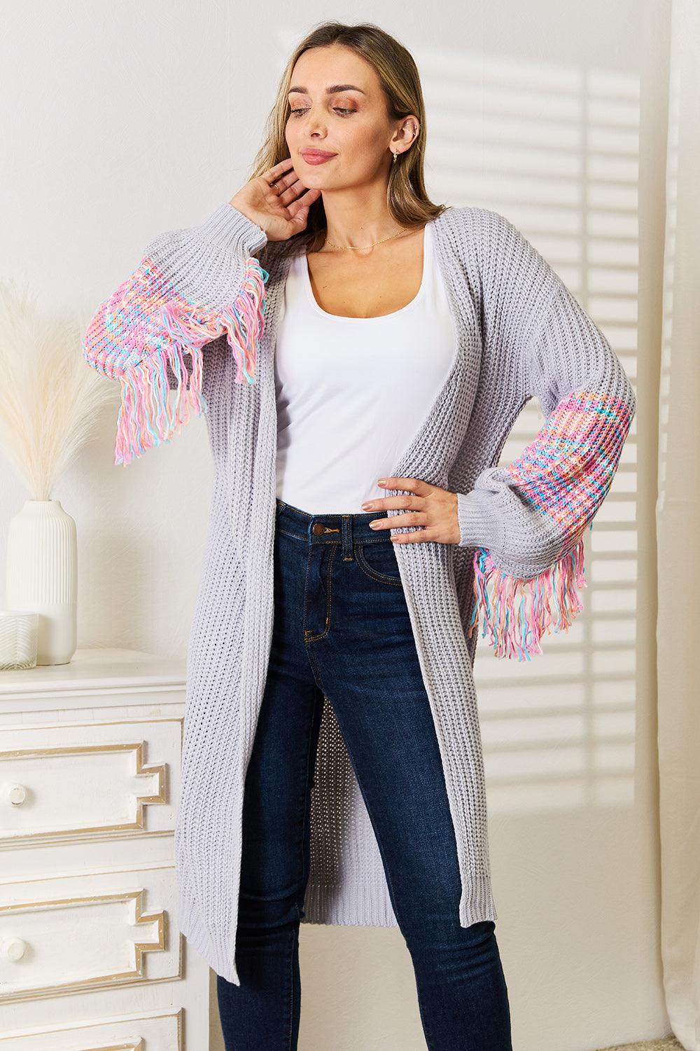 Woven Right Fringe Sleeve Dropped Shoulder Cardigan Carauana Store