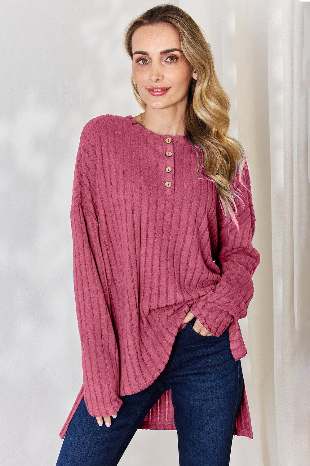 Basic Bae Full Size Ribbed Half Button Long Sleeve High-Low T-Shirt Carauana Store