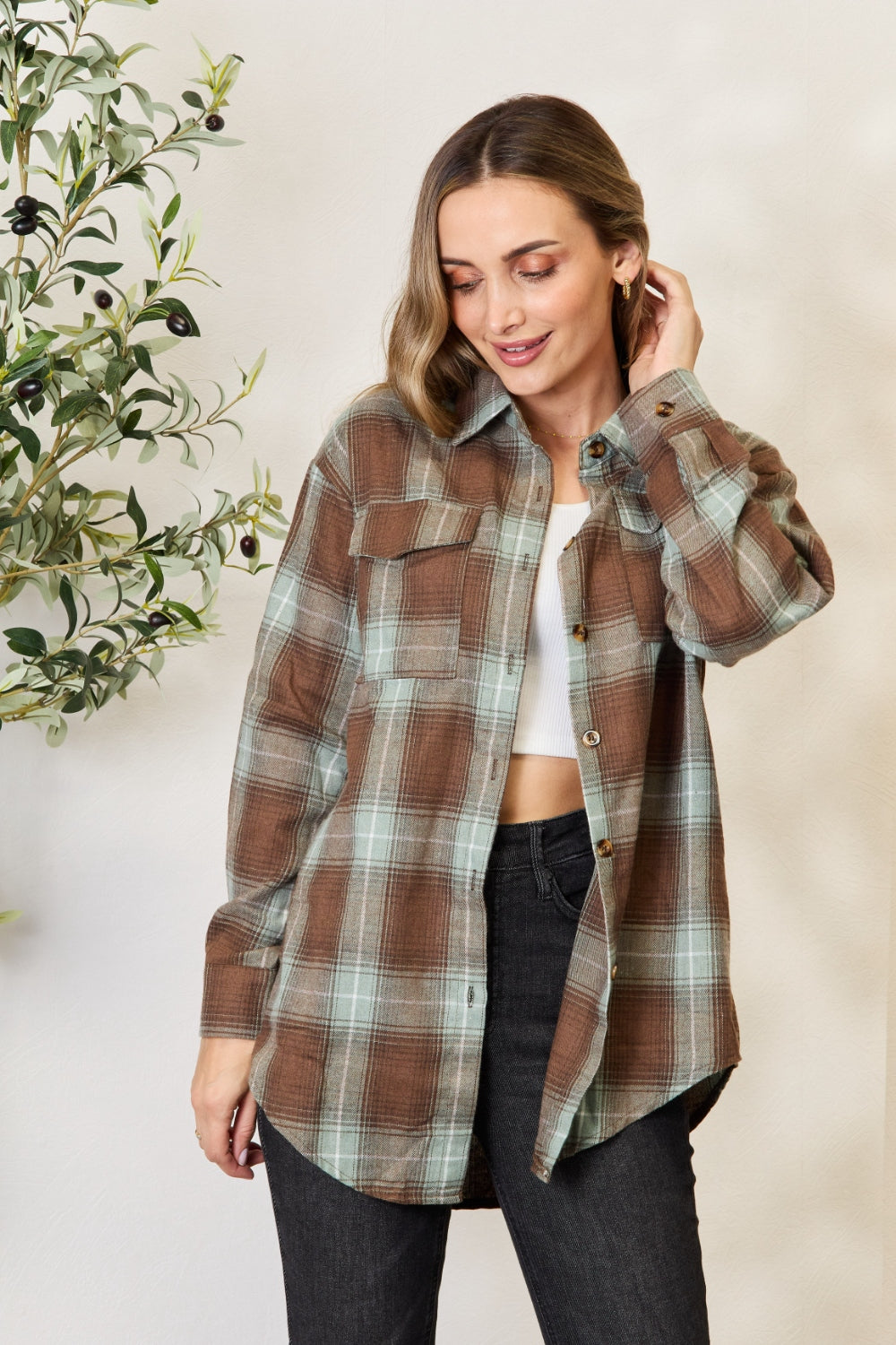 Double Take Plaid Dropped Shoulder Shirt Carauana Store