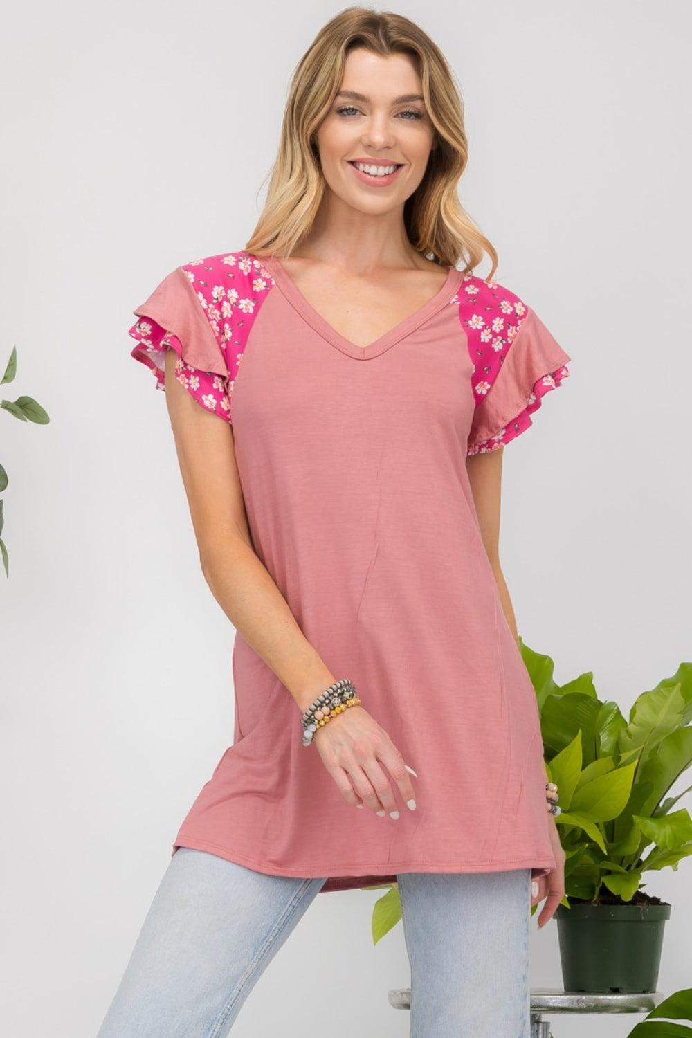 Celeste Full Size Floral Contrast Short Sleeve Top Carauana Store