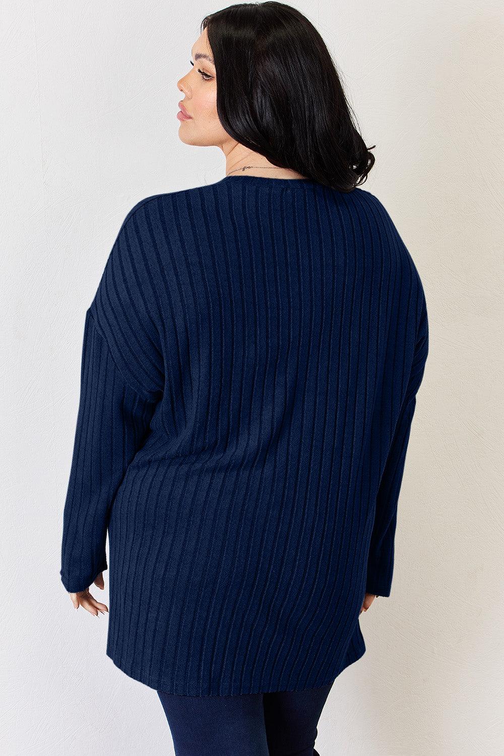 Basic Bae Full Size Ribbed Half Button Long Sleeve High-Low T-Shirt Carauana Store