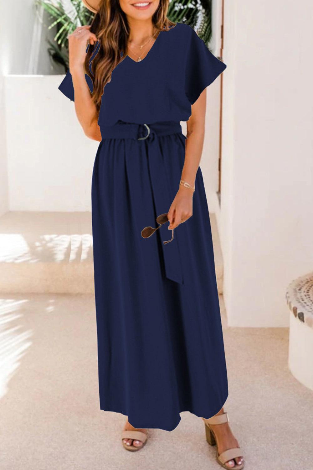 Ruched V-Neck Cap Sleeve Dress Carauana Store