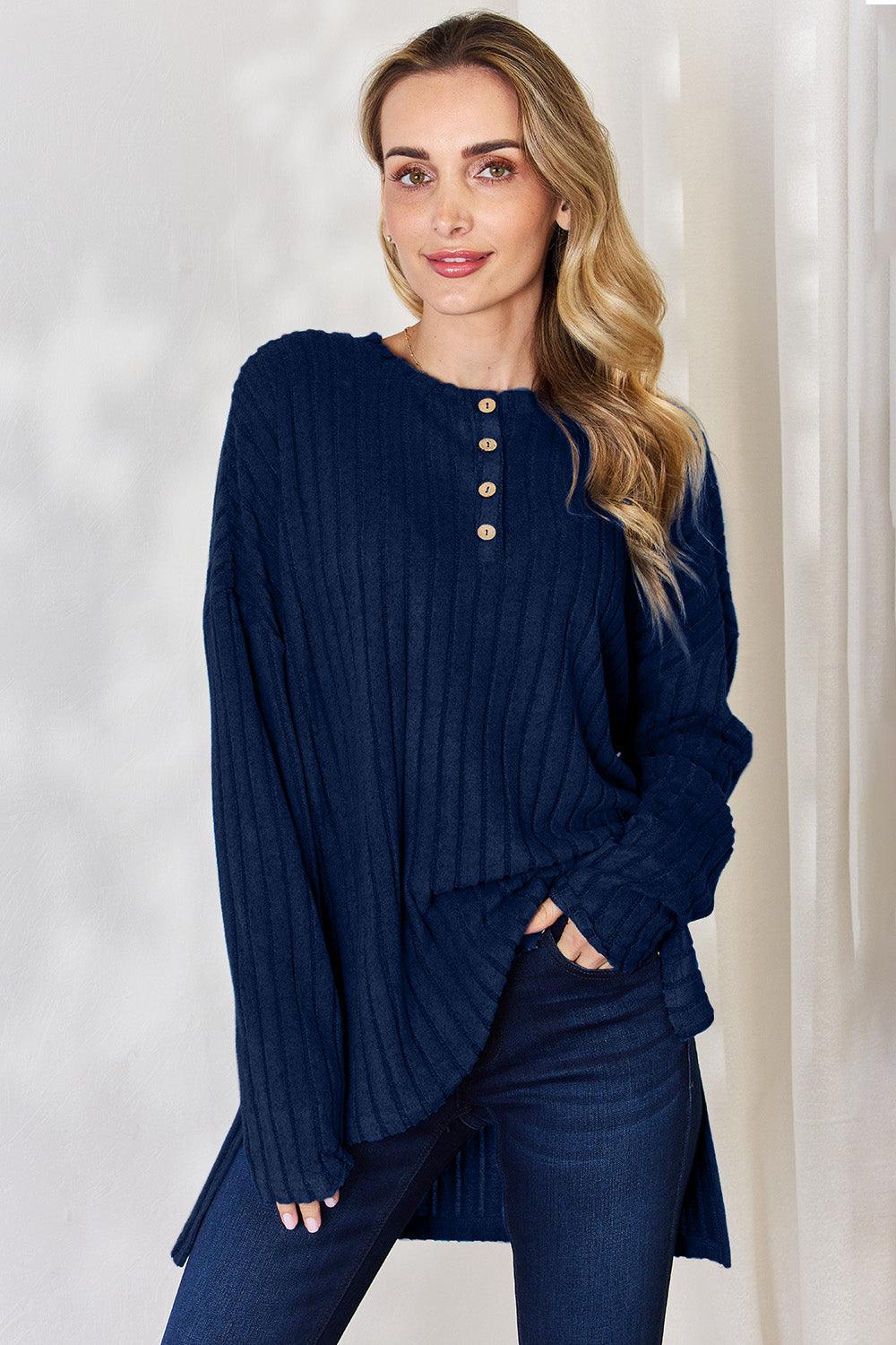 Basic Bae Full Size Ribbed Half Button Long Sleeve High-Low T-Shirt Carauana Store