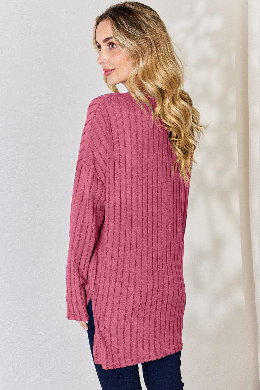 Basic Bae Full Size Ribbed Half Button Long Sleeve High-Low T-Shirt Carauana Store