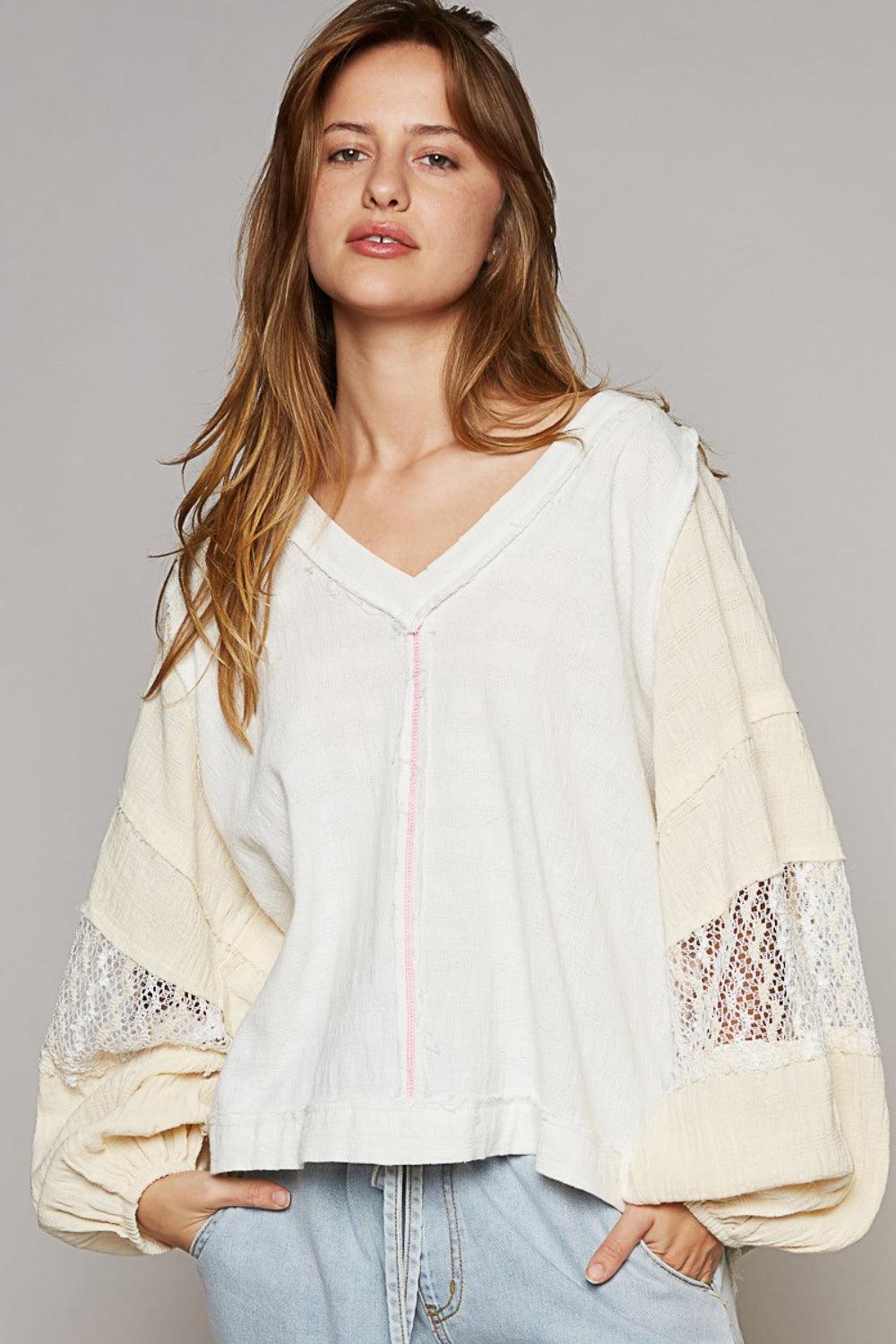 POL Balloon Sleeve Crochet Patch Top Carauana Store