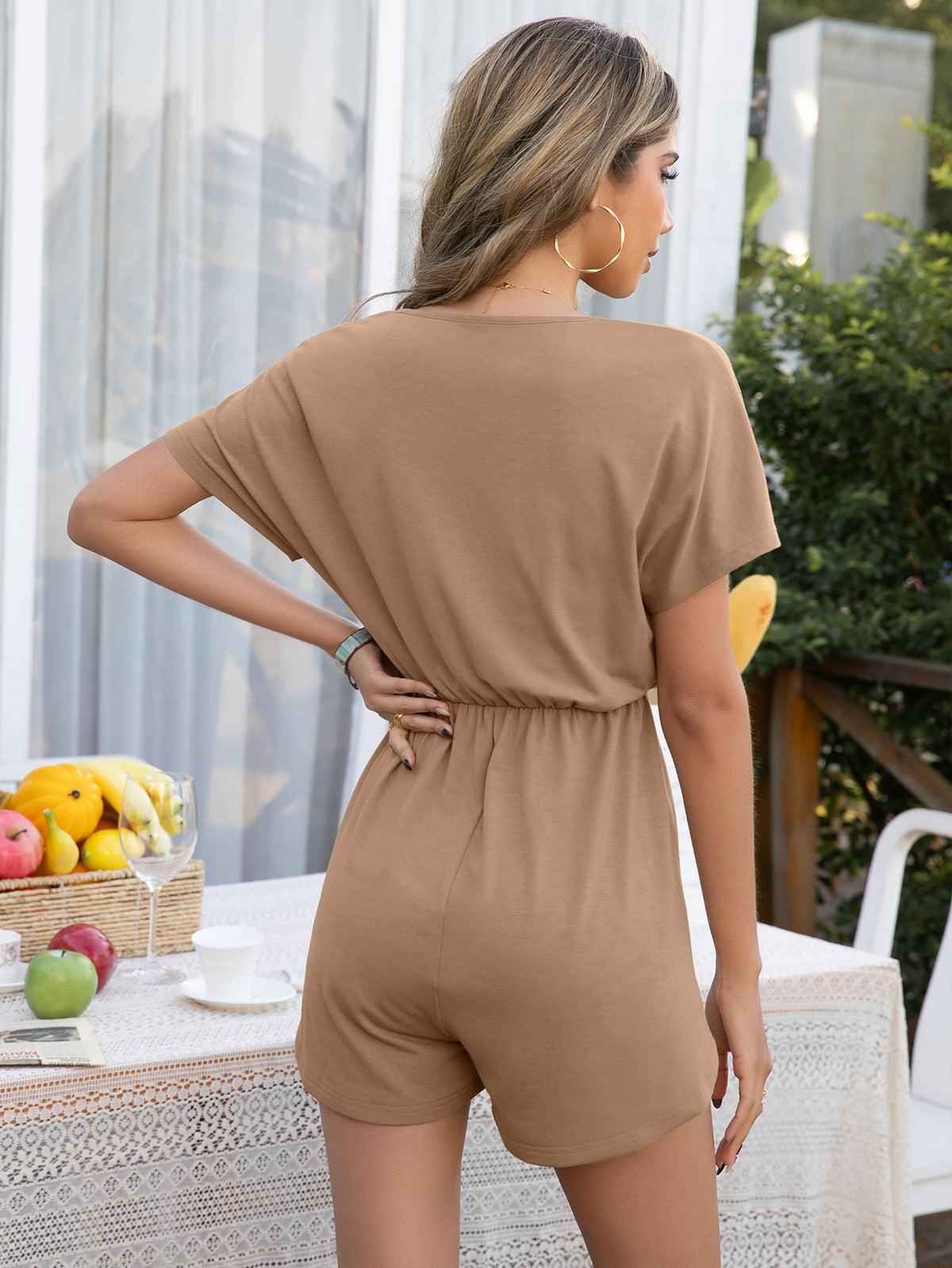 Decorative Button Round Neck Short Sleeve Romper Carauana Store