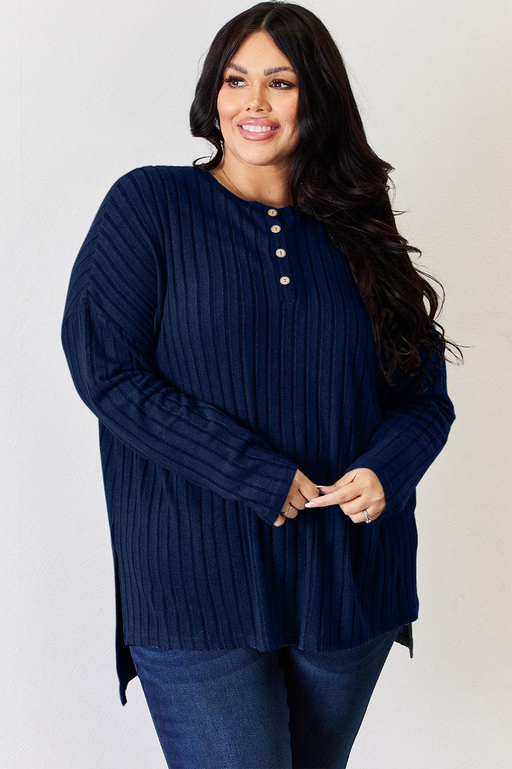 Basic Bae Full Size Ribbed Half Button Long Sleeve High-Low T-Shirt Carauana Store