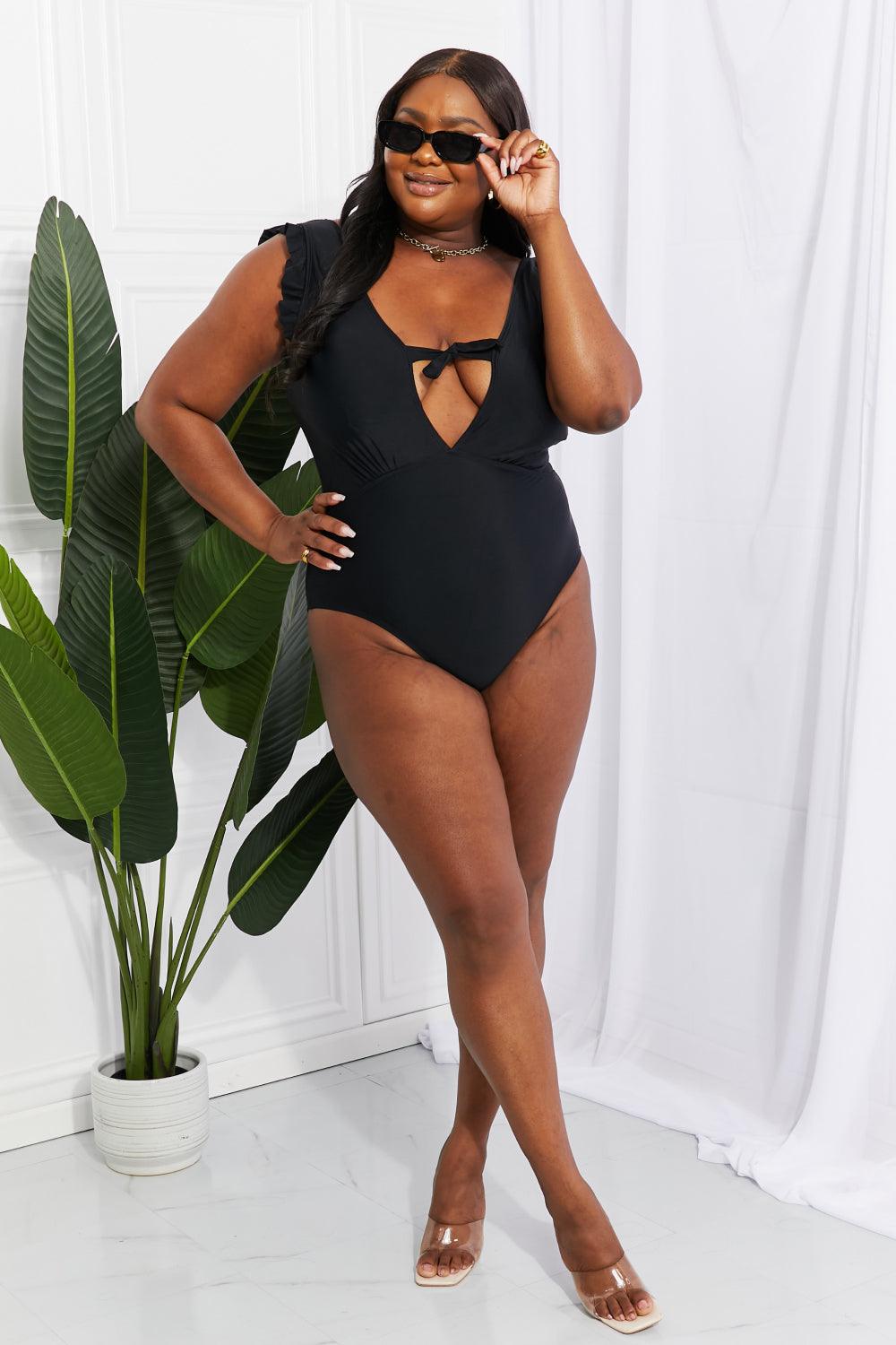 Marina West Swim Seashell Ruffle Sleeve One-Piece in Black Carauana Store