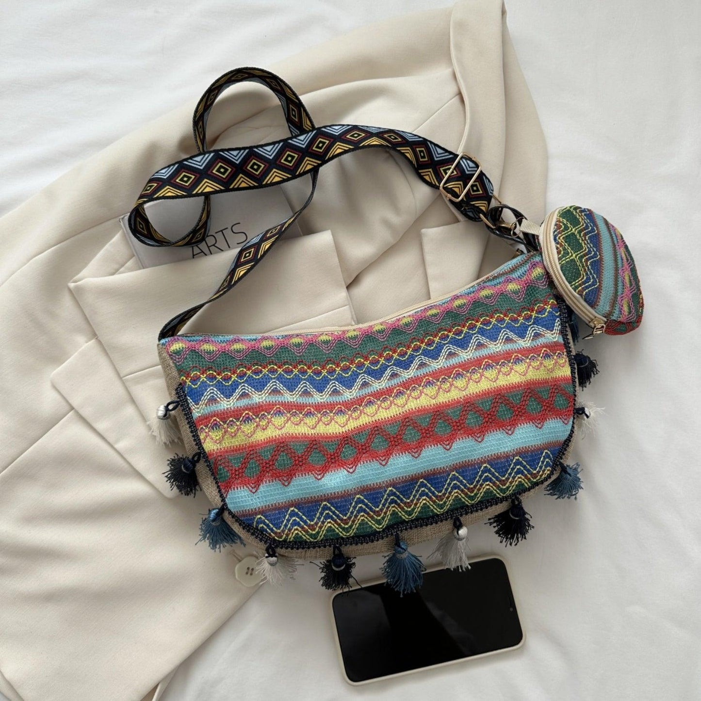 Printed Tassel Detail Crossbody Bag with Small Purse Carauana Store
