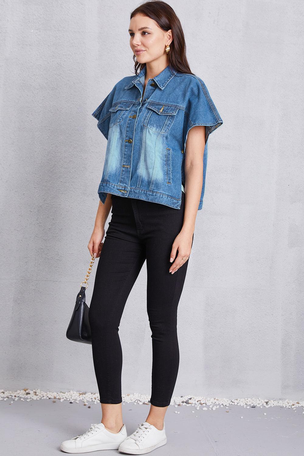 Pocketed Button Up Short Sleeve Denim Top Carauana Store