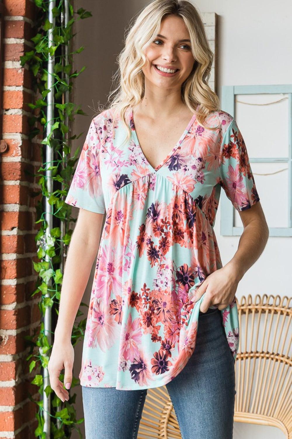 Heimish Full Size Floral V-Neck Short Sleeve Babydoll Blouse Carauana Store
