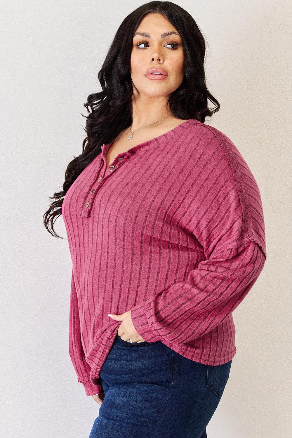 Basic Bae Full Size Ribbed Half Button Long Sleeve High-Low T-Shirt Carauana Store