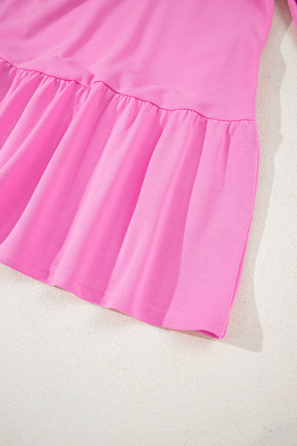 Pink Contrast Striped Collar Patchwork Puff Sleeve Ruffle Hem Mini Dress