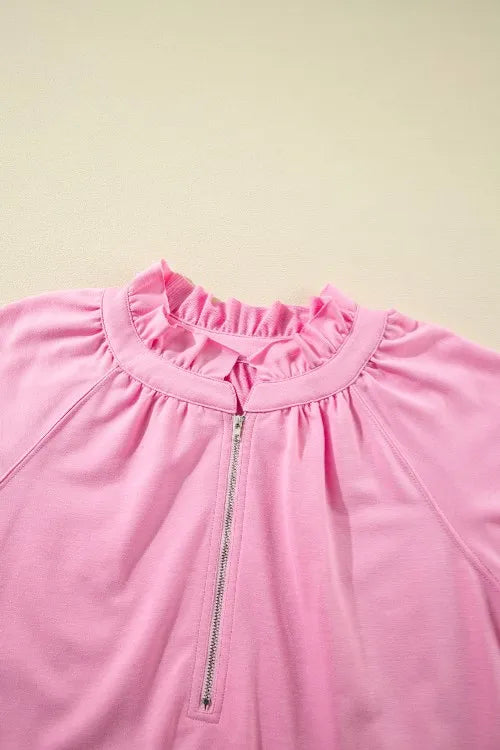 Half Zip Puff Sleeve Top and Ruffled Shorts Set Carauana Store
