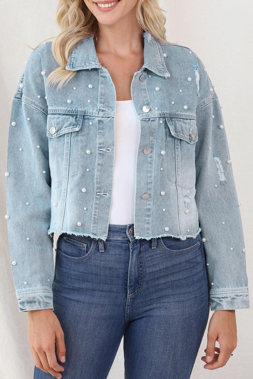 Distressed Pearl Trim Button Up Denim Jacket Carauana Store