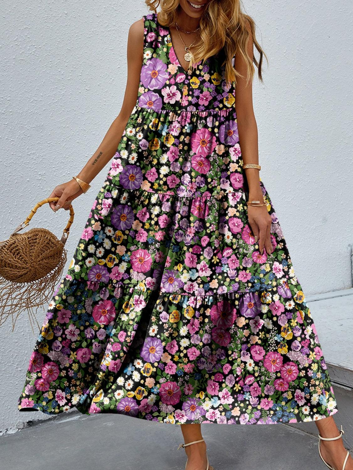 Tiered Printed V-Neck Sleeveless Dress Carauana Store