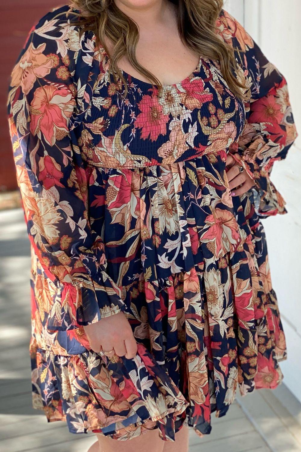 Plus Size Smocked Printed Long Sleeve Dress Carauana Store