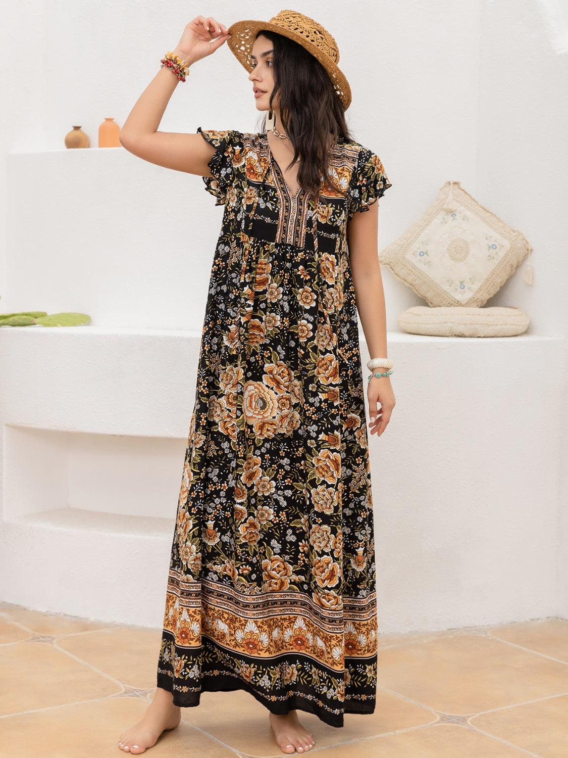 Ruffled Printed Tie Neck Cap Sleeve Dress Carauana Store