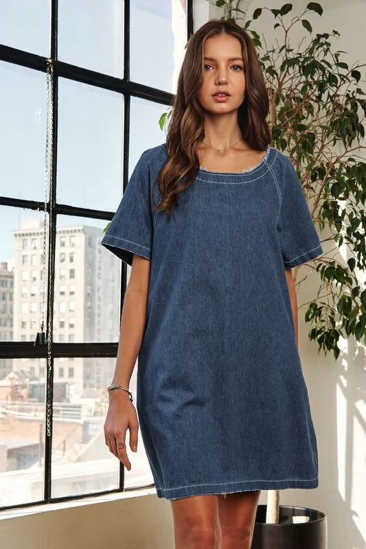 ADORA Raw Hem Mini Denim Dress with Pockets Carauana Store