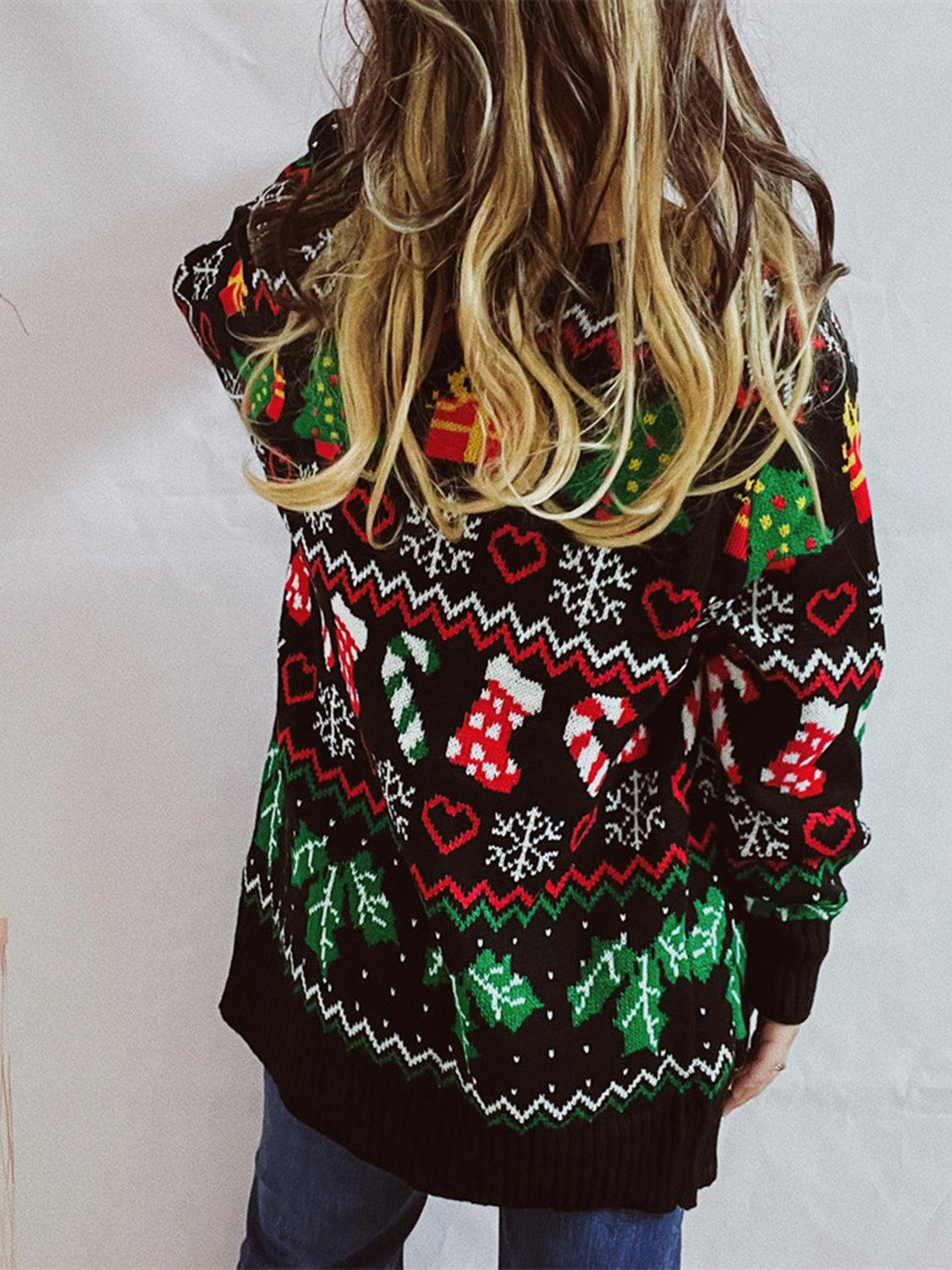 Printed Button Up V-Neck Long Sleeve Cardigan with Pockets Carauana Store