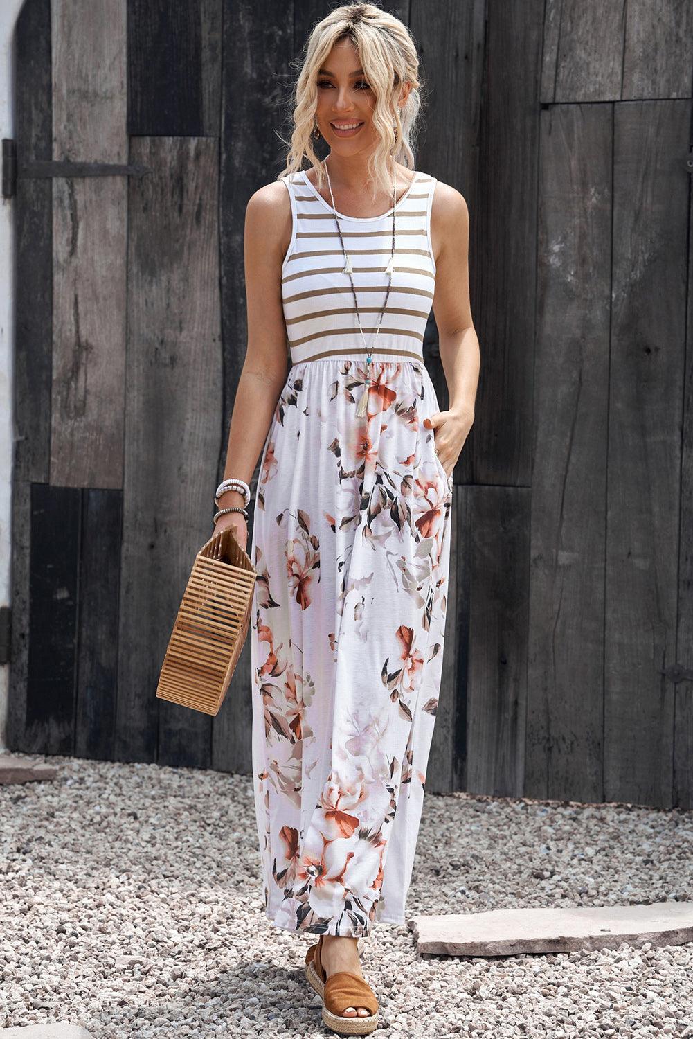 Striped Floral Round Neck Sleeveless Maxi Dress Carauana Store