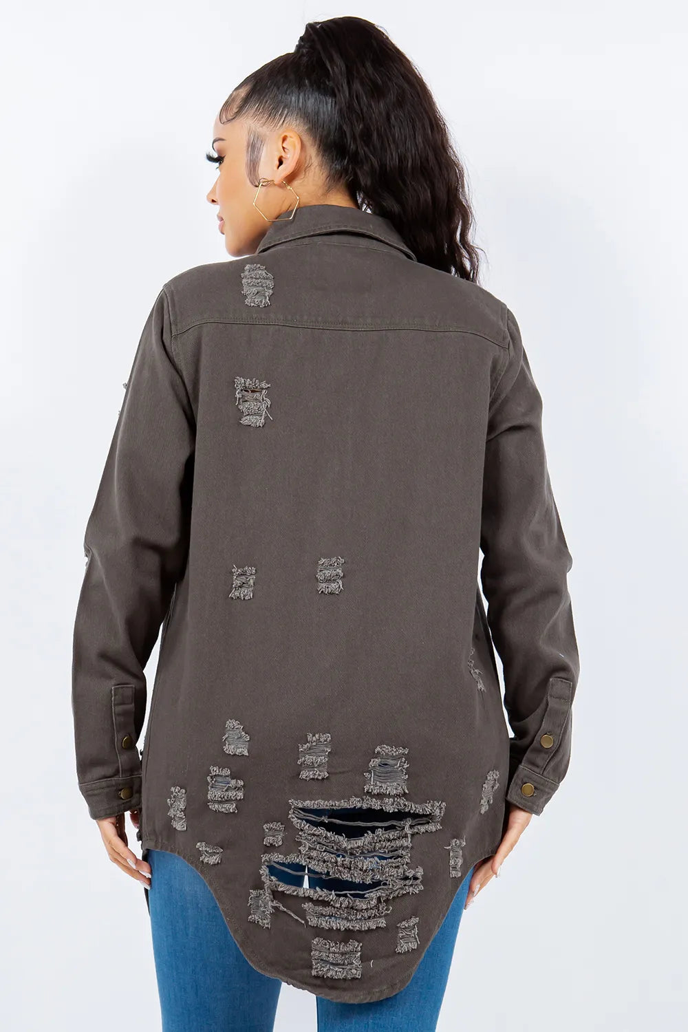 American Bazi Distressed Button Up Long Sleeve Denim Jacket Carauana Store