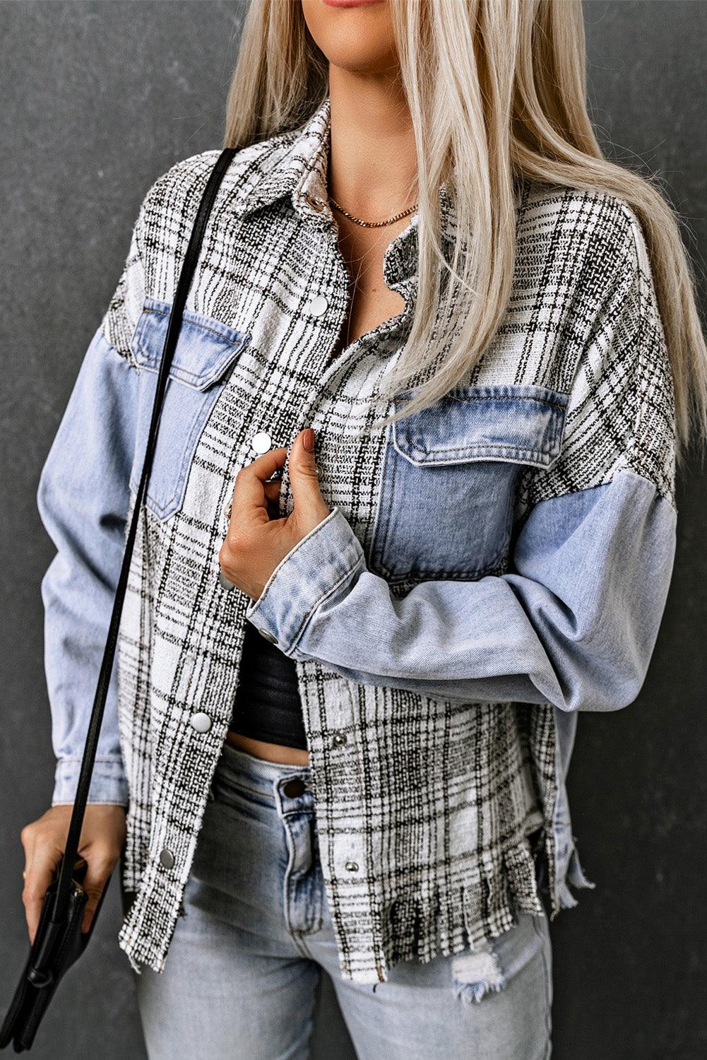 Plaid Pocketed Snap Down Denim Jacket Carauana Store