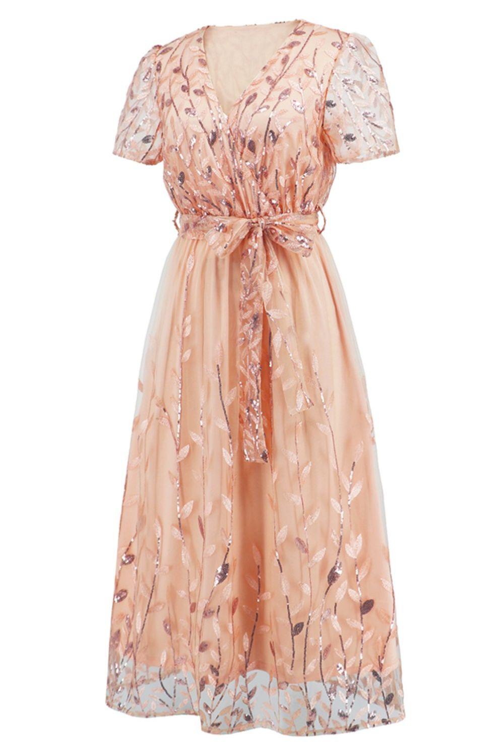 Sequin Leaf Embroidery Tie Front Short Sleeve Dress Carauana Store