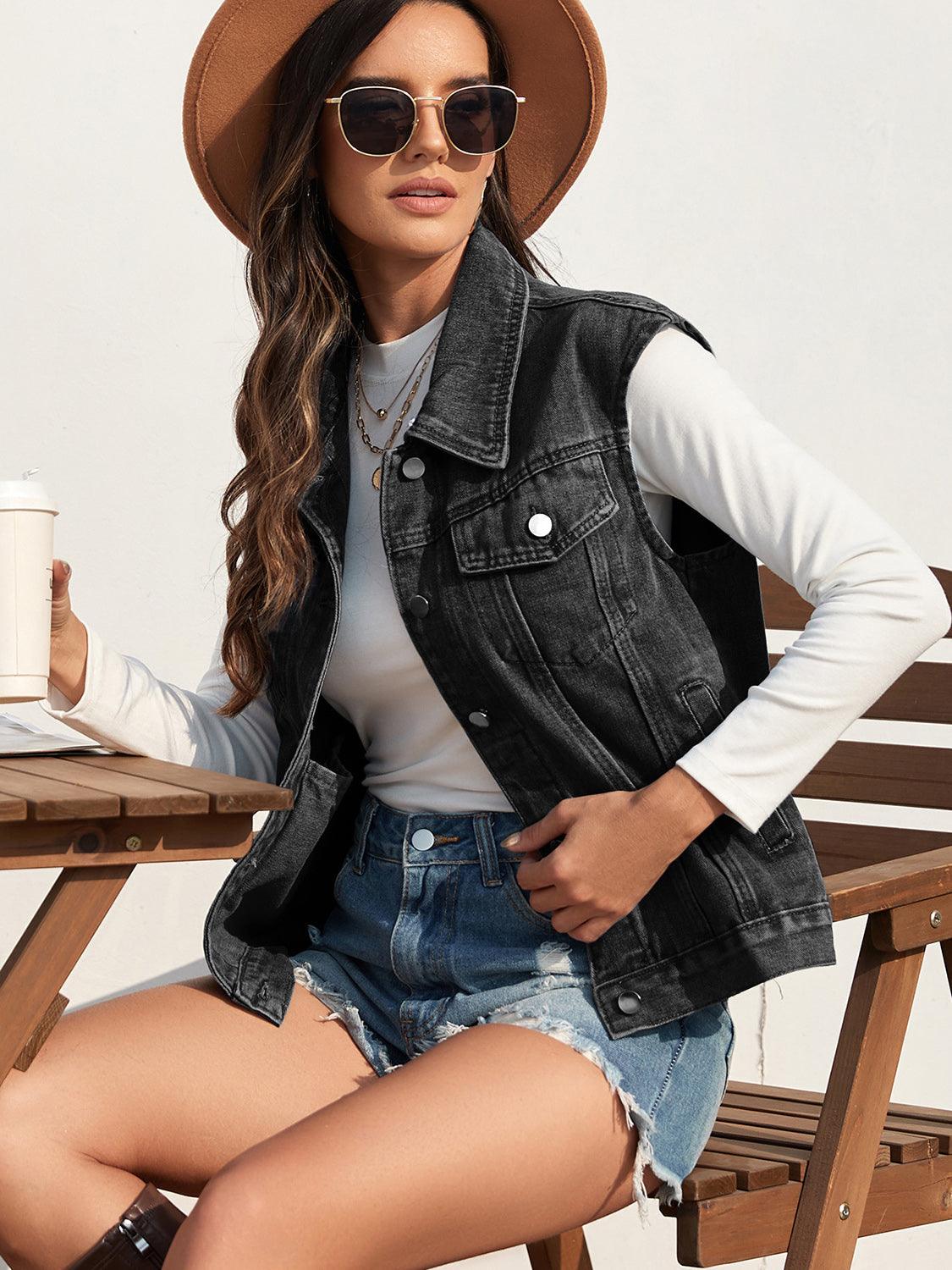 Collared Neck Sleeveless Denim Jacket Carauana Store