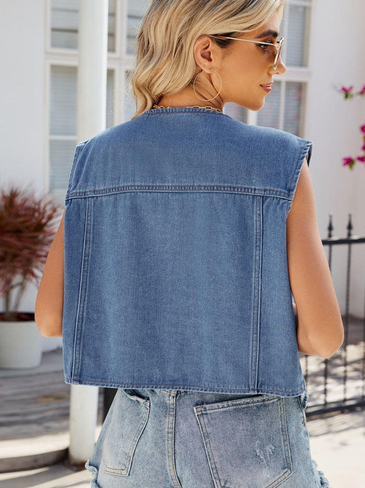 Pocketed Button Up Sleeveless Denim Jacket Carauana Store