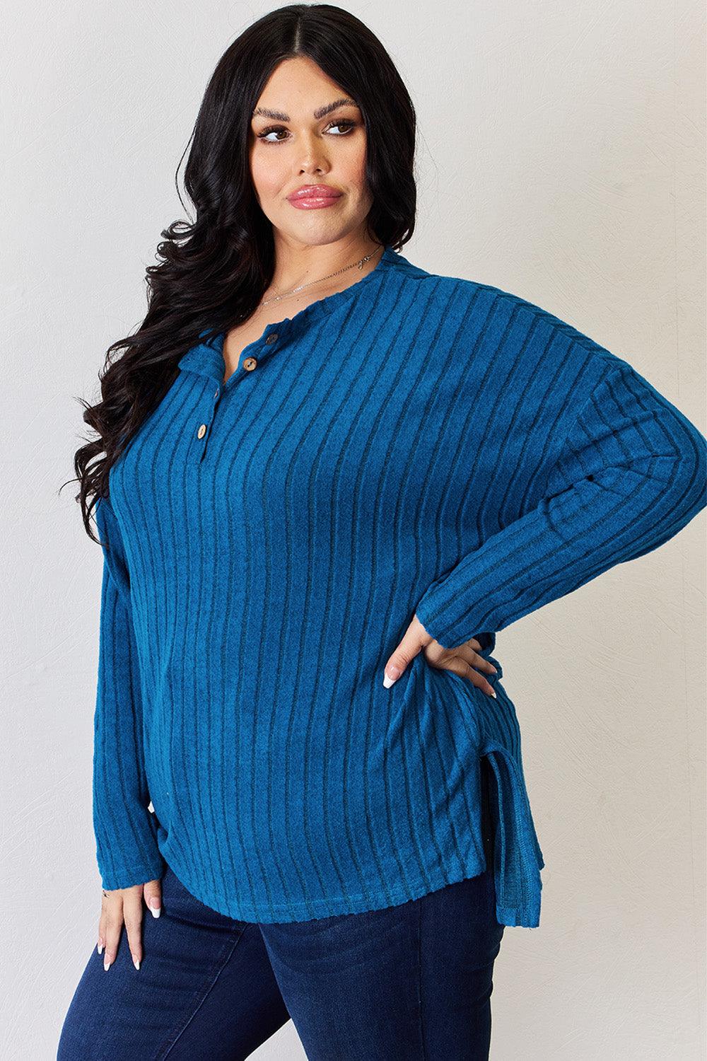 Basic Bae Full Size Ribbed Half Button Long Sleeve High-Low T-Shirt Carauana Store