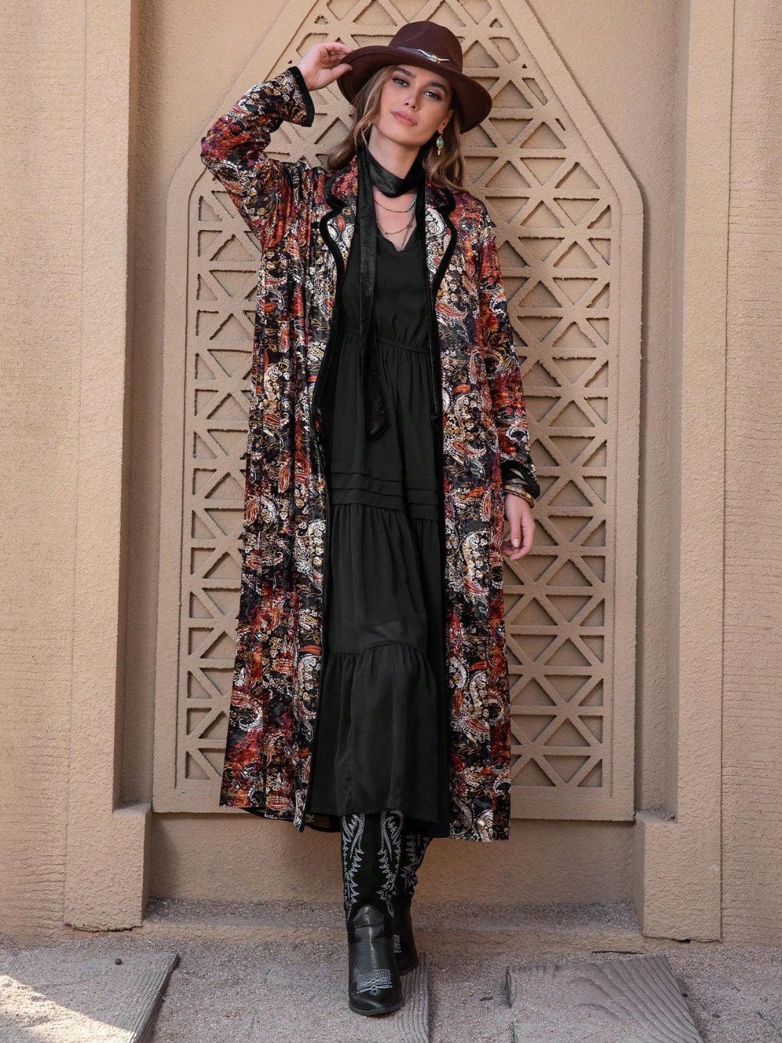Printed Open Front Long Sleeve Outerwear Carauana Store