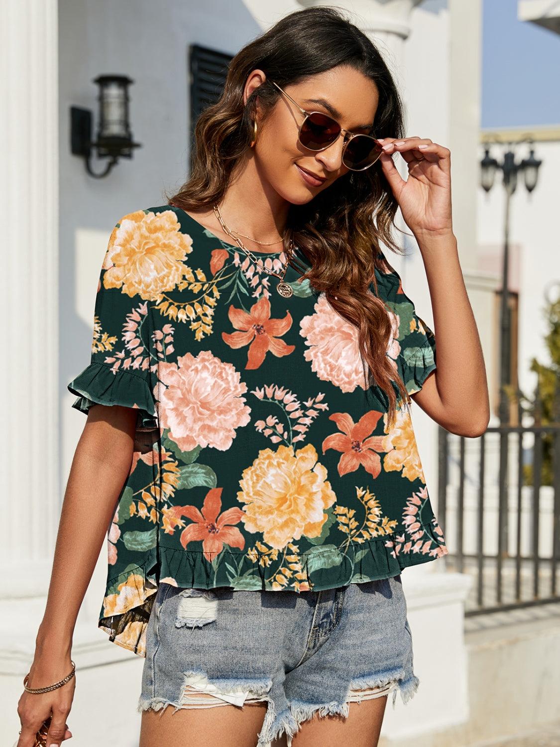 Floral Ruffled Short Sleeve Blouse Carauana Store