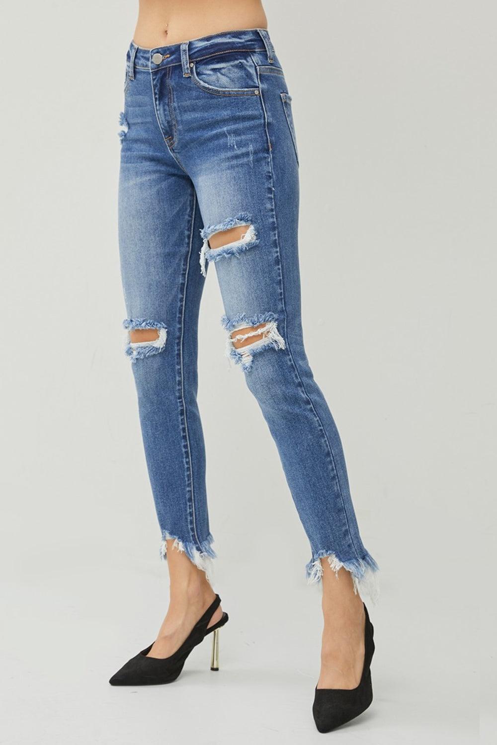 RISEN Distressed Frayed Hem Slim Jeans Carauana Store
