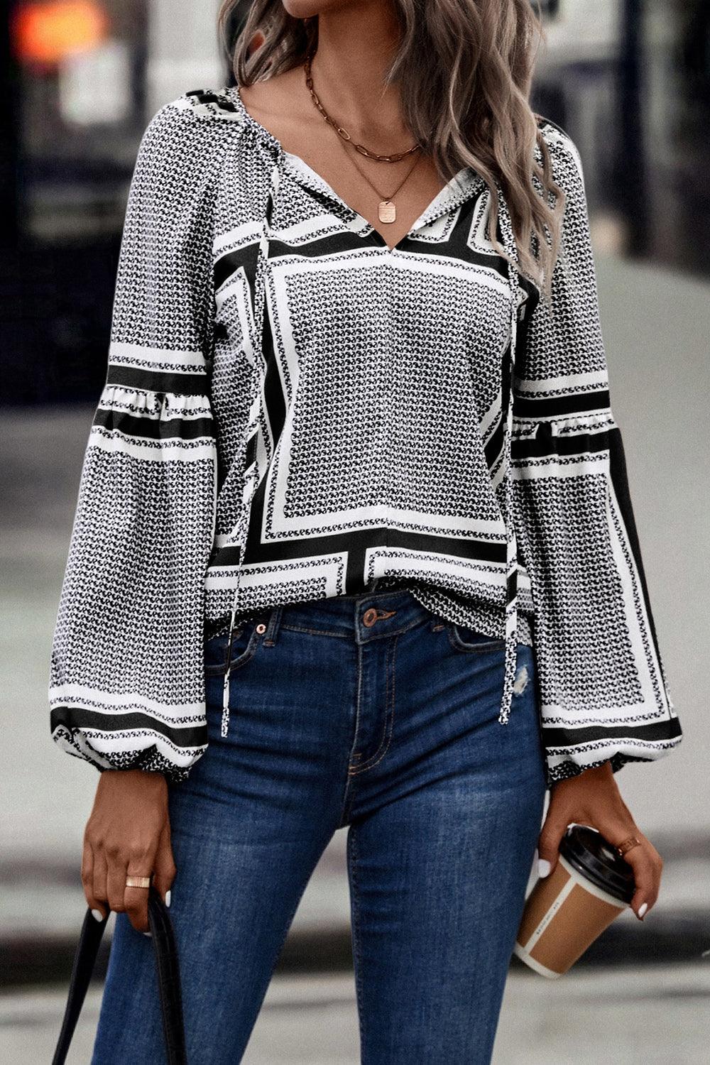 Contrast Printed Tie Neck Balloon Sleeve Blouse Carauana Store