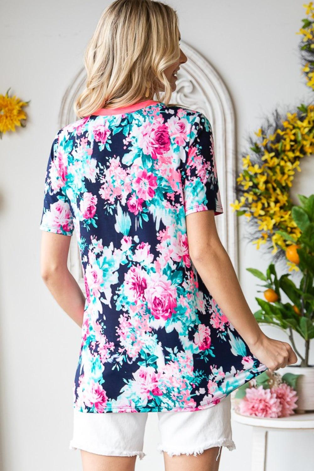 Heimish Full Size Floral V-Neck Short Sleeve T-Shirt Carauana Store