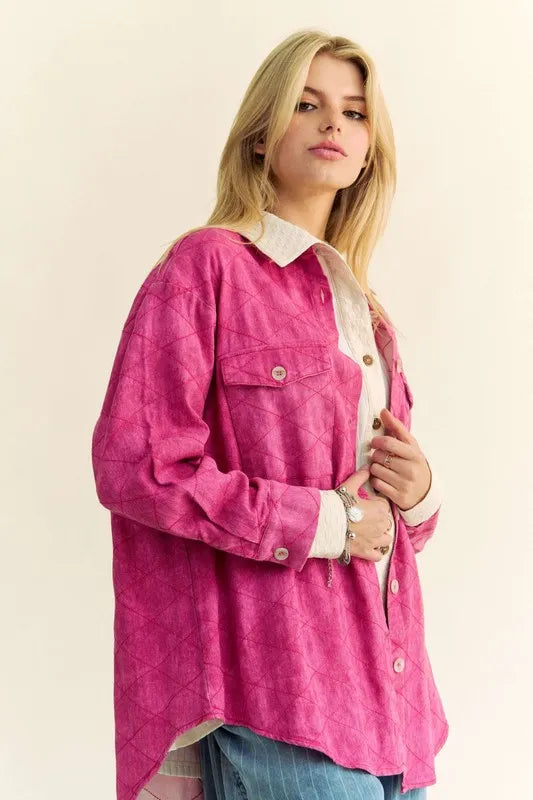 Davi & Dani Curved Hem Diamond Quilted Button Up Denim Shacket Carauana Store