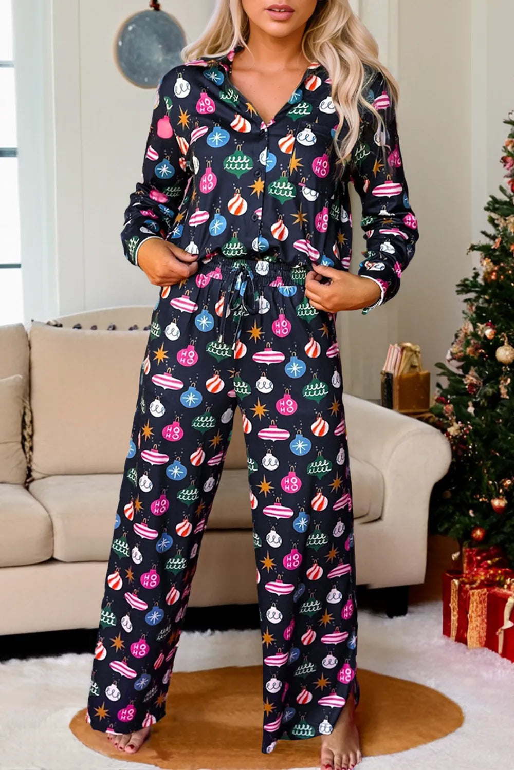 Christmas Lights Print Collared Neck Top and Pants Set Carauana Store