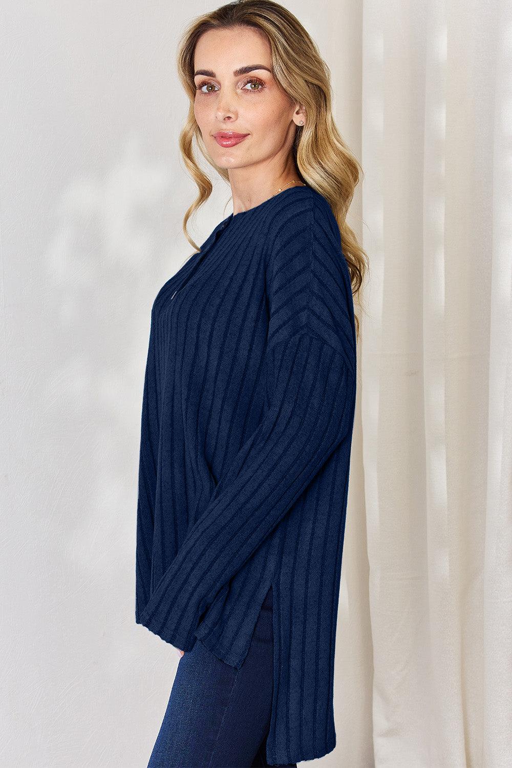 Basic Bae Full Size Ribbed Half Button Long Sleeve High-Low T-Shirt Carauana Store
