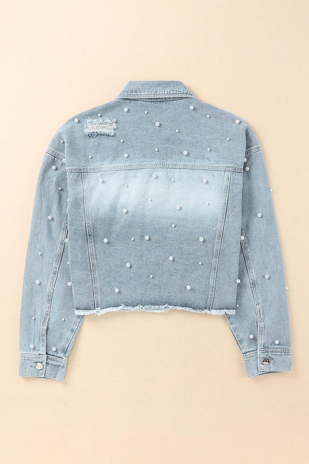 Distressed Pearl Trim Button Up Denim Jacket Carauana Store