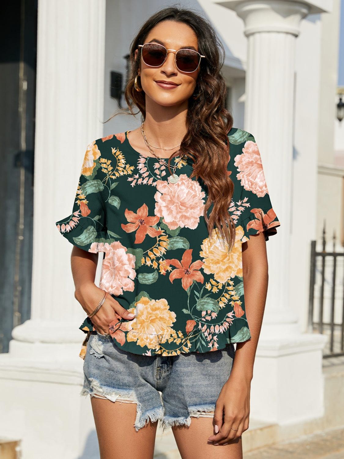Floral Ruffled Short Sleeve Blouse Carauana Store