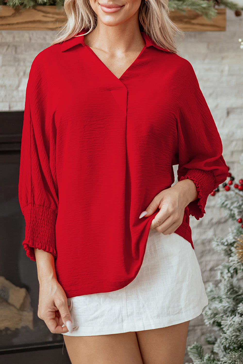 Fiery Red V Neck Collared Shirred 3/4 Sleeve Oversized Tunic Top