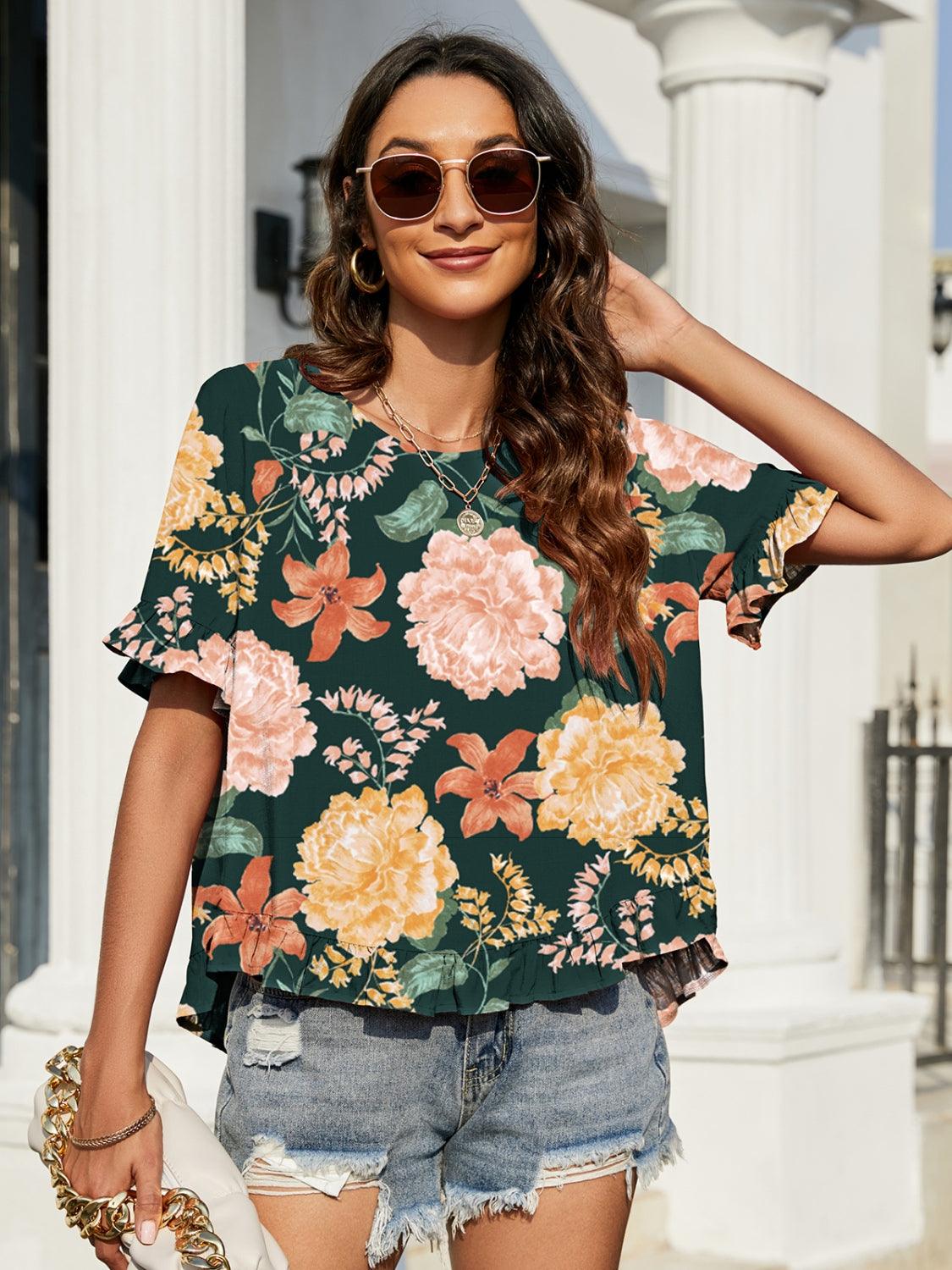 Floral Ruffled Short Sleeve Blouse Carauana Store