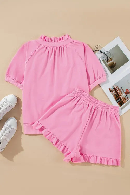 Half Zip Puff Sleeve Top and Ruffled Shorts Set Carauana Store